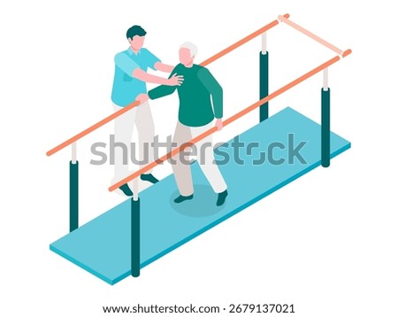 Vector illustration showing physical therapy or rehabilitation in a medical or elderly care setting. Features therapist assisting senior patient using parallel bars.
