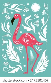 vector illustration showing pink flamingo with decorative elements , leaves and flowers, flat graphic design