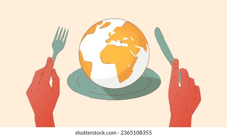 Vector illustration showing a plate with earth globe on it, and hands holding a fork and knife. Concept of lack of food, rising food prices, global food shortage, zero hunger