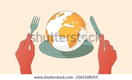 Vector illustration showing a plate with earth globe on it, and hands holding a fork and knife. Concept of lack of food, rising food prices, global food shortage, zero hunger