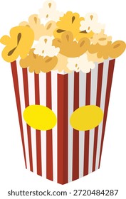 Una Ilustración vectorial que muestra un cubo de palomitas de maíz en perspectiva con rayas rojas y blancas y rótulos ovalados amarillos. Diseño plano moderno para aperitivos de cine y concesiones de teatro