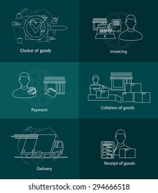 vector illustration showing the process steps order products online stores graphics in  ,selection of goods invoice,payment of purchase, collection packaging of goods,delivery, receipt of the goods