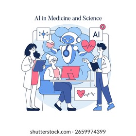 Ilustración vectorial que muestra a profesionales que colaboran con la IA en un entorno médico y científico. La Imagen destaca la integración de la tecnología en la asistencia sanitaria y la investigación.