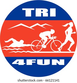 vector illustration showing the progression of triathlon showing an athlete swimming, biking or cycling and finishing of with  a run.