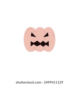 Vector illustration showing a pumpkin with a creepy face carved out. This design is perfect for Halloween themed decoration. Cartoon flat style on isolated background.