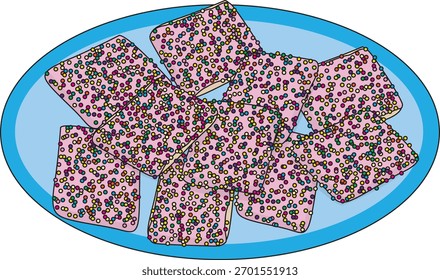 Uma ilustração vetorial mostrando biscoitos retangulares cobertos com glacê rosa e polvilhos esféricos coloridos, servidos em uma placa oval azul clara