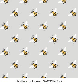 Vector illustration showing a repeating pattern of cartoon bees on a light gray background. Ideal for print designs, wallpapers, and fabric patterns