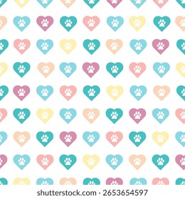 Ilustração vetorial mostrando um padrão repetitivo de impressões de pata em corações multicoloridos, simbolizando o amor pelos animais