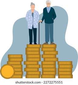 Vector illustration showing a retired couple standing on a pile of coins. Symbol of a comfortable retirement pension. Wealthy old people.
