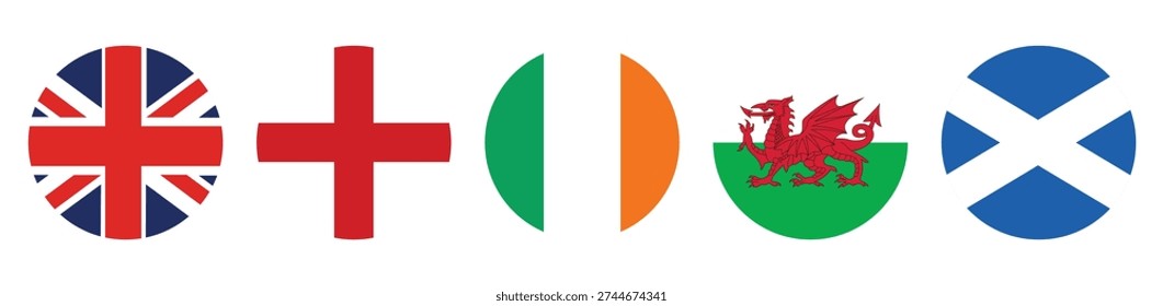 Vector illustration showing the round flags of the United Kingdom, including the national flag of the UK and the individual flags of Wales, England, Northern Ireland, and Scotland.