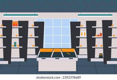 A vector illustration showing the sales floor of a grocery store with different products. Half-empty shelves of essential products. Economic instability. Interior and layout of the store's sales area.