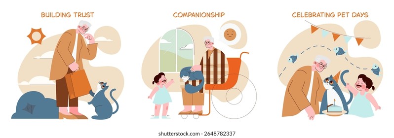 Vector illustration showing scenes of companionship and pet celebration. An elderly person and a young child interact joyfully with a cat, emphasizing friendship across generations.