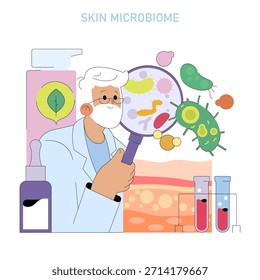 Vektorgrafik, die einen Wissenschaftler zeigt, der das Hautmikrobiom mit einer Lupe analysiert. Es sind verschiedene Bakterien und Mikroorganismen sichtbar, die die Vielfalt der Mikrobiome hervorheben.