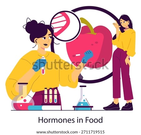 Vector illustration showing a scientist analyzing hormones in food. The image features a female scientist with a magnifying glass examining a fruit, highlighting food safety and research.