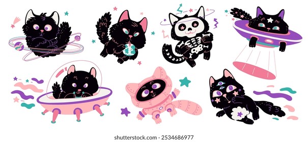 Vector illustration showing a set of space cats in different actions. These cute, furry black characters show off their adventures in a flat cartoon style. Ideal for stickers.