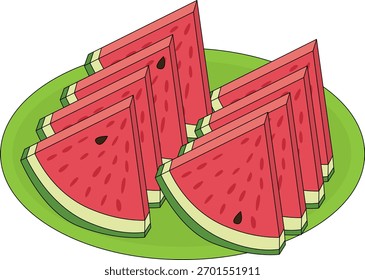 A vector illustration showing several triangular slices of fresh watermelon with seeds arranged on a green round plate