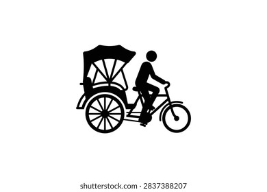 A vector illustration showing a side view silhouette of a person pedaling a traditional cycle rickshaw used for transportation in Asia.