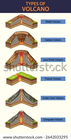 Vector illustration showing six volcano types with labels. Detailed cross-sections highlight unique geological features and structures