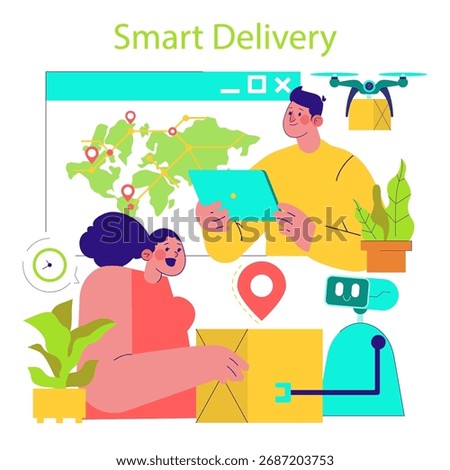 Vector illustration showing a smart delivery process with a courier using a tablet to manage packages. Includes a drone, location map, and connected elements for efficient logistics.