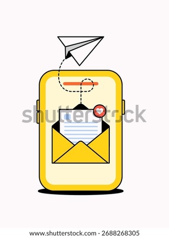 Vector illustration showing a smartphone screen with an open yellow envelope, a letter inside, and a paper plane flying away, symbolizing message delivery or email sending