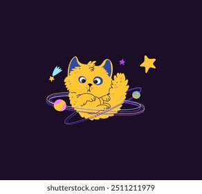 Vector illustration showing a space cat on a black background. The fluffy yellow character revolves around the planets, reflecting the essence of the adventures of the astronaut cat. Flat style.