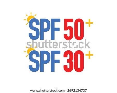 Vector illustration showing SPF 50+ and SPF 30+ sun protection factors with bright blue and red text and yellow sun icons. Concept for sunscreen, UV protection, and skincare product labeling.
