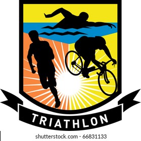 vector illustration showing the sport of triathlon with triathlete athlete swimming, biking or cycling and running