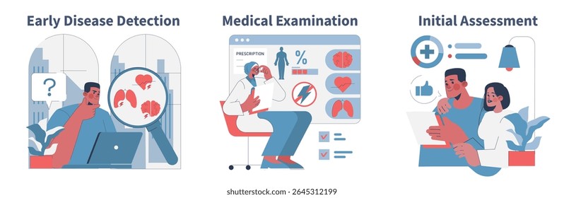 Ilustração vetorial mostrando estágios na detecção precoce da doença e exame médico com avaliações iniciais. Descreve profissionais em processos de saúde e diagnóstico.