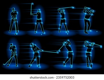 Vector illustration showing the steps of the golf swing in the form of neon lights.