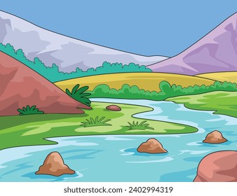 Ilustración vectorial que muestra el arroyo de ríos, piedras, hierba y montañas