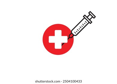 A vector illustration showing a syringe injecting into a red circle with a white medical cross, representing vaccination, healthcare, medicine, and medical treatment concepts.