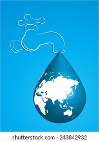 Vector illustration showing a tap with water drop in the shape of the Earth. Message shows the water being wasted.