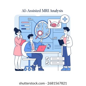 Vector illustration showing a team analyzing MRI brain scans with AI tools. Three individuals engaged in a discussion around medical analysis and technology integration.