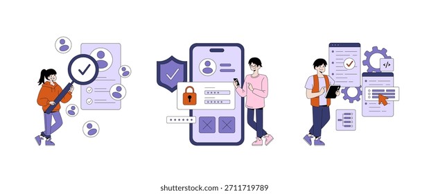 Ilustración vectorial que muestra el trabajo en equipo en seguridad digital y desarrollo. Las personas revisan los perfiles de usuario, administran el control de acceso y colaboran en las tareas de codificación, haciendo hincapié en la seguridad en línea.
