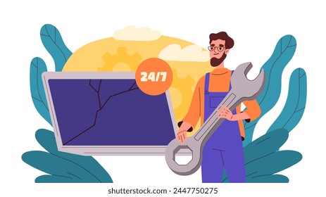 A vector illustration showing a technician with a large wrench and a broken computer, representing around-the-clock tech support. Vector illustration - Powered by Shutterstock - Get 15% off with code: PIKWIZARD15