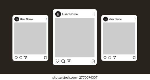 Vector illustration showing three blank social media interface frames with clean black outlines on a dark background. The design features a minimalist aesthetic with.