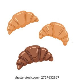 Una Ilustración vectorial que muestra tres croissants: dos clásicos de color marrón dorado y un croissant con sabor a chocolate negro.