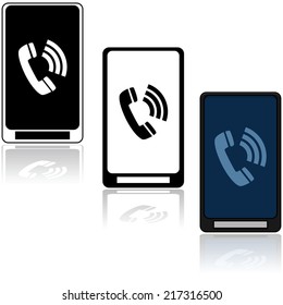 Vector illustration showing three different mobile phones with a transmitting phone icon  in the middle of them