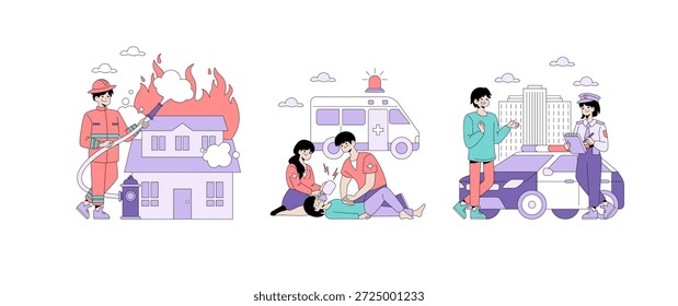 Ilustração vetorial mostrando três ações de socorro de emergência: bombeiro extingue fogo, paramédicos realizam RCP e policial interage com um civil. Descrição clara do serviço público