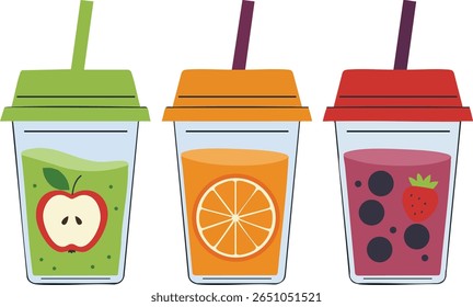Vector illustration showing three fresh fruit smoothies in colorful cups with straws, featuring apple, orange, and mixed berry flavors. Bright and cheerful design.