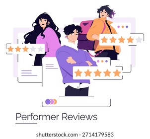 Vector illustration showing three performers with varying star ratings. The image displays star reviews and digital feedback, highlighting evaluation and assessment in a digital context.