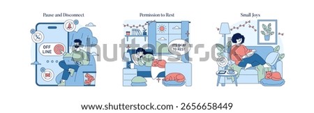 Vector illustration showing three scenarios of relaxation and digital detox. A person goes offline on a device, another relaxes with a pet, and another enjoys a cozy moment with a book.