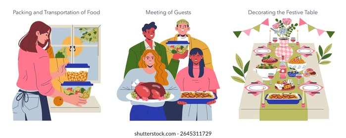 Ilustração vetorial mostrando três cenas de preparação de comida para uma reunião. Uma pessoa embala comida, um grupo saúda os hóspedes com pratos e uma mesa é decorada com itens festivos.
