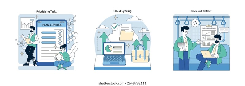 Vector illustration showing three scenes: people organizing tasks on digital devices, synchronizing files in the cloud, and reviewing plans collaboratively. Emphasizes efficiency and teamwork. - Powered by Shutterstock - Get 15% off with code: PIKWIZARD15