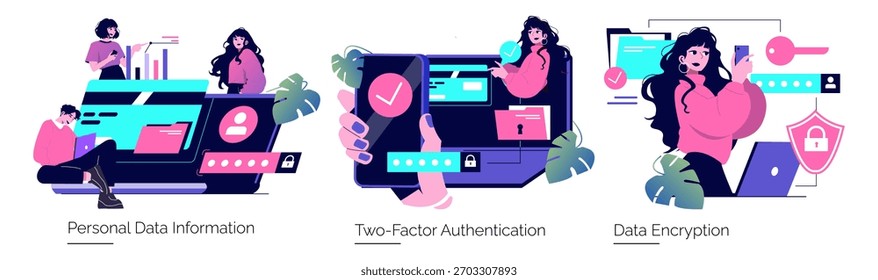 Vector illustration showing three scenes on data management: personal data handling, two-factor authentication, and data encryption. Highlights cybersecurity concepts and secure digital practices.
