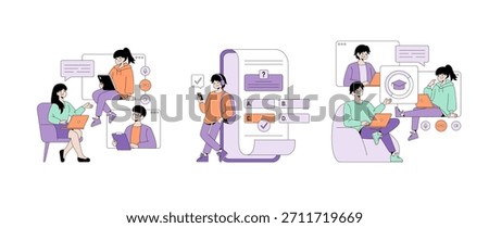 Vector illustration showing three scenes of people engaged in online learning and networking. Includes characters interacting with devices, educational content, and communication tools.