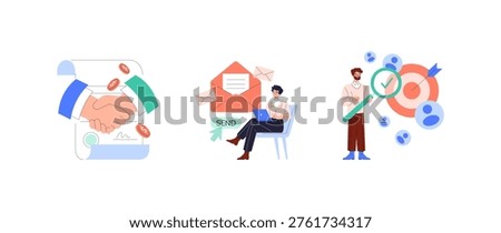 Vector illustration showing three scenes: a handshake symbolizing business collaboration, a person sending an email on a laptop for marketing, and a target with a successful aim.