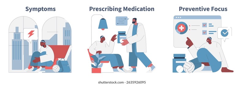 Vector illustration showing three stages of a health journey. First image depicts symptoms with a person sitting, second shows a doctor prescribing medication, and third focuses on preventive health