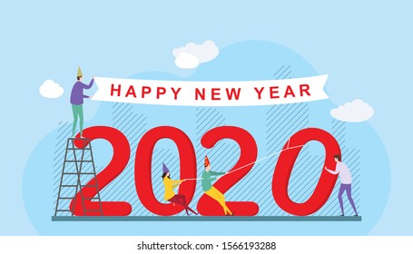 Vector illustration showing tiny people organizing Happy New Year 2020 text design. can use for landing page, web, mobile apps, ui, banner, print and social media.