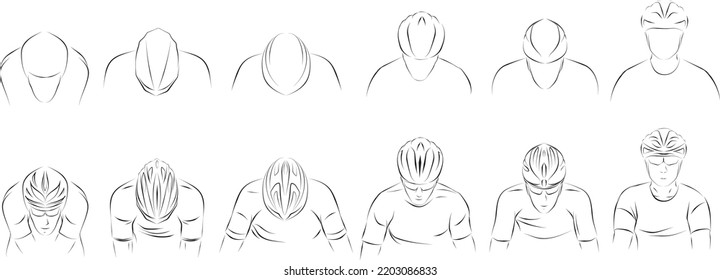 Vector illustration showing twelve cyclists in top-down view, each wearing different bicycle helmets. Clean white line art on black background. Concept of helmet variety and cyclist positioning during